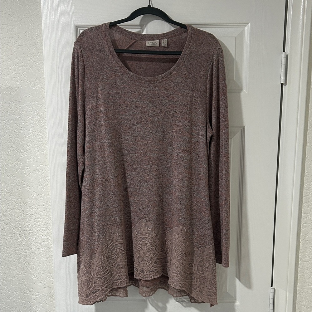 LOGO by Lori Goldstein Mauve Long Sleeve Tunic with Lace Hem